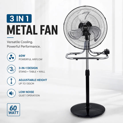 Ventilatore in metallo 50W 3 in 1 regolabile in altezza, da pavimento, tavolo e parete, fino a 130 cm, per uso domestico