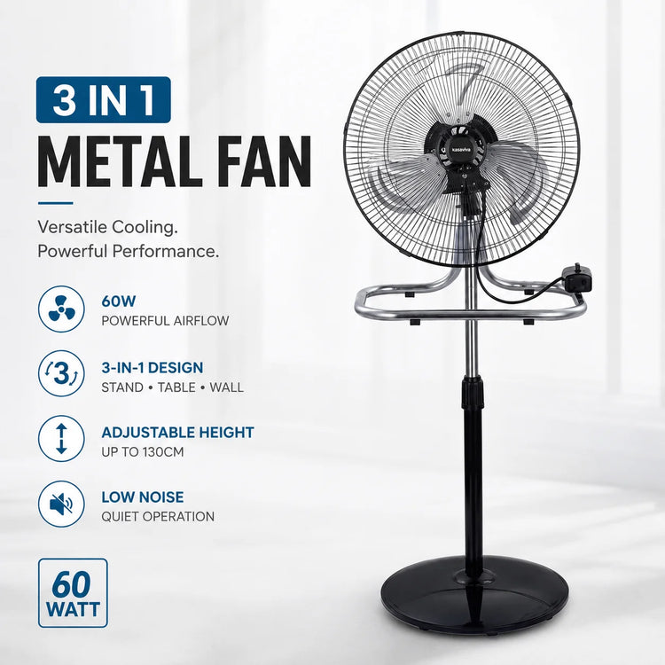 Ventilatore in metallo 50W 3 in 1 regolabile in altezza, da pavimento, tavolo e parete, fino a 130 cm, per uso domestico