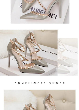 Scarpe tacco alto da donna estive in Europa e America Moda punta a punta bocca superficiale rivetto scava fuori sandali a spillo da discoteca platinumshop