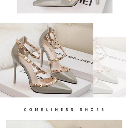 Scarpe tacco alto da donna estive in Europa e America Moda punta a punta bocca superficiale rivetto scava fuori sandali a spillo da discoteca platinumshop