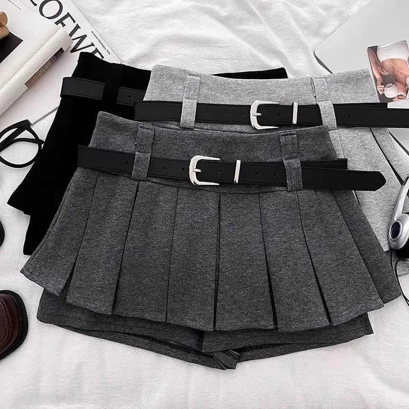 Womens Shorts Autumn Winter Belt High Waist Fluffy Pleated A-line Short Pants Korean Fashion Sexy Y2k All Match Clothes