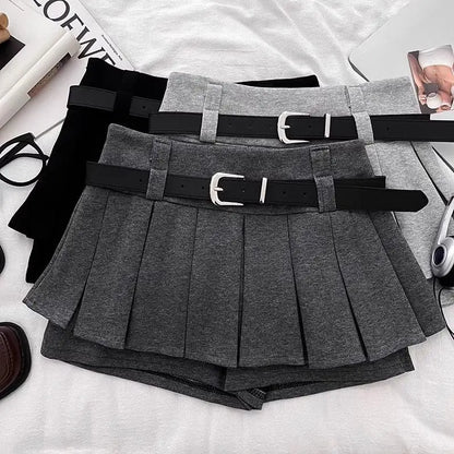 Womens Shorts Autumn Winter Belt High Waist Fluffy Pleated A-line Short Pants Korean Fashion Sexy Y2k All Match Clothes