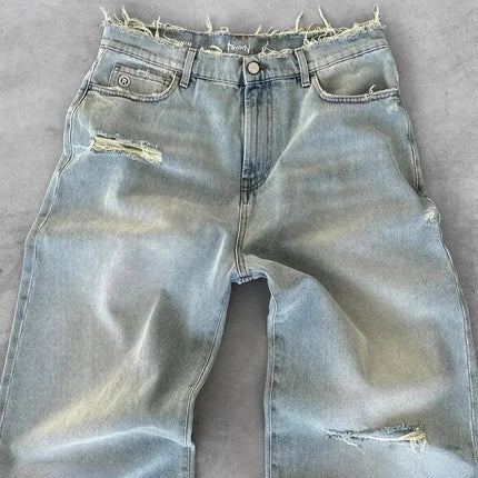 Straight Jeans Distressed Men Jean Ripped Holes Washed Denim Pants Ankle Length Loose Solid Zipper Fly Pockets Casual 2025 PlatiNum