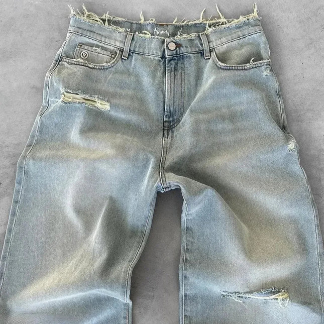 Straight Jeans Distressed Men Jean Ripped Holes Washed Denim Pants Ankle Length Loose Solid Zipper Fly Pockets Casual 2025 PlatiNum