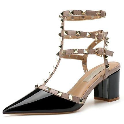 【Misurati la lunghezza dei piedi prima di ordinare】Sandali eleganti da donna con rivetti e cinturino alla caviglia, scarpe con tacco alto a blocco, modello 94-CHC-33