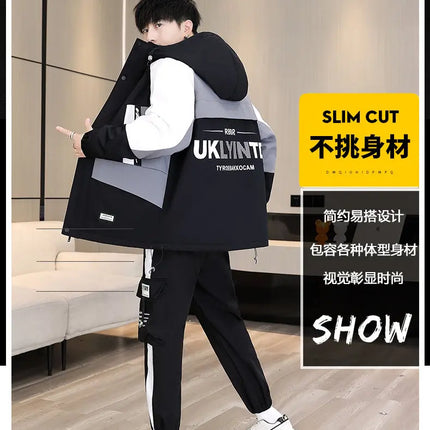 Men's Casual Wool Lined Thickened Hooded Set Fashionable Warm Sweatshirt Jacket Trendy Autumn Winter Men 2 Piece