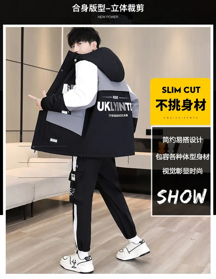 Men's Casual Wool Lined Thickened Hooded Set Fashionable Warm Sweatshirt Jacket Trendy Autumn Winter Men 2 Piece