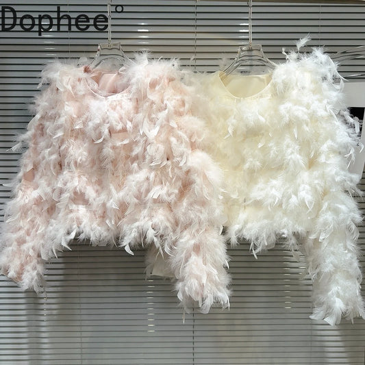 2025 New Autumn Winter Long Sleeve Jacket Elegant Tassel Feather Short Outerwear Round Neck Fashion Temperament Fairy Coats