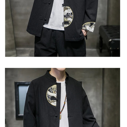 Camicie da uomo ricamate 2026 primavera stile cinese retrò colletto alla coreana giacca in cotone e lino cardigan da uomo Kungfu allentato casual Top