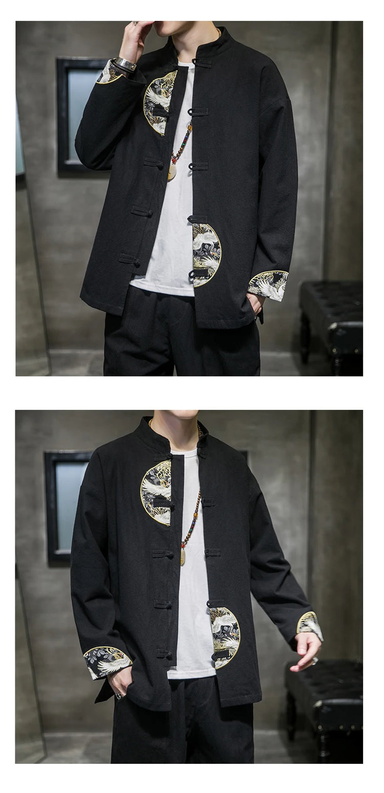Camicie da uomo ricamate 2026 primavera stile cinese retrò colletto alla coreana giacca in cotone e lino cardigan da uomo Kungfu allentato casual Top