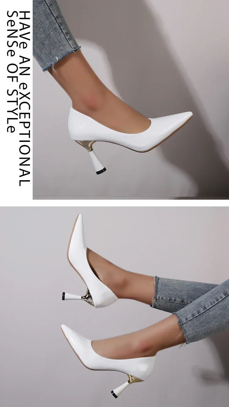 Scarpe Donna 2024 Tendenza Nuova Estate Tacchi rossi Donna elegante Décolleté con tacco nero e punta a punta Abito in pelle Scarpe da donna bianche