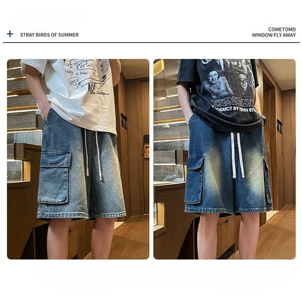 Pantaloncini di jeans cargo da uomo estivi Baggy dritti Moda Casual Pantaloni corti a gamba larga Tasca grande Jeans corti per vacanze al mare Uomo