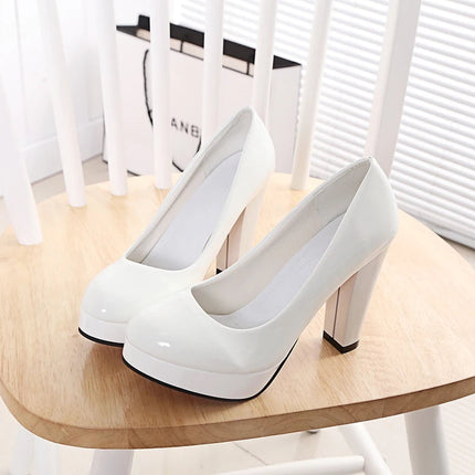 High Heels Pumps Shoes Women White Wedding Shoes Thick 10 CM Heels Fashion Party Pumps Footwear Black Red Round Zapatos De Mujer PlatiNum