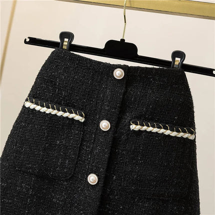 Women's Mid-Length/Short White Black Tweed High-Waist Woolen A-Line Autumn Winter Fragrant Silk Skirt PlatiNum