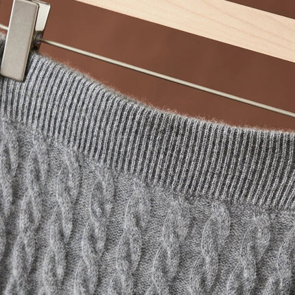 Autumn Winter 100% Cashmere Skirt Women Soild Mid-calf  High Waist Twist Flower Fit Slimming Knitted Dress  Light Luxury Elegant PlatiNum