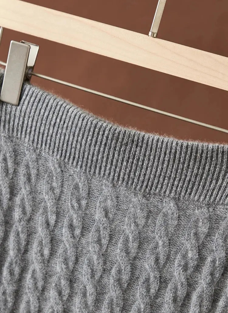 Autumn Winter 100% Cashmere Skirt Women Soild Mid-calf  High Waist Twist Flower Fit Slimming Knitted Dress  Light Luxury Elegant PlatiNum