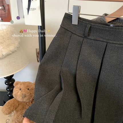 MEXZT Streetwear Woolen Mini Skirt Women Fashion Harajuku with Belt Black Pleated Skirts Fall Winter Preppy Korean A Line Faldas PlatiNum