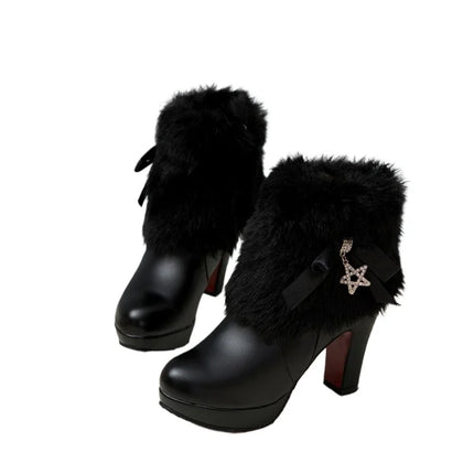Snow Boots Womens Winter Warm Plush Fashion High Heels Pink White Black Fur Bowt Dress Party Wedding Platform Boots 526-1