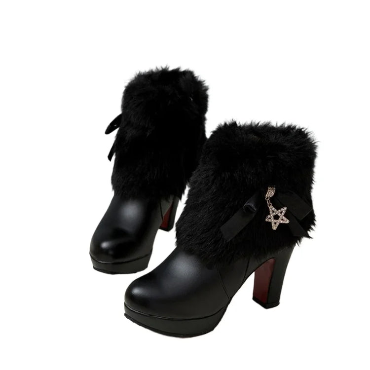 Snow Boots Womens Winter Warm Plush Fashion High Heels Pink White Black Fur Bowt Dress Party Wedding Platform Boots 526-1