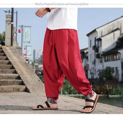 Pantaloni Larghi da Uomo Stile Cinese Retrò 2026, Taglie Forti, di Tendenza, Moda High Street, in Cotone e Lino, Leggings Uomo