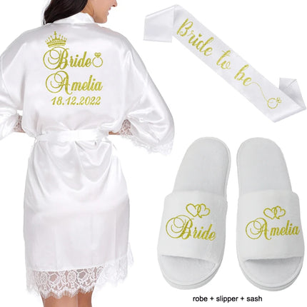 Data personalizzata Nome Kimono in pizzo Abito da donna Matrimonio Sposa Abiti da damigella d'onore Addio al nubilato Preparewear