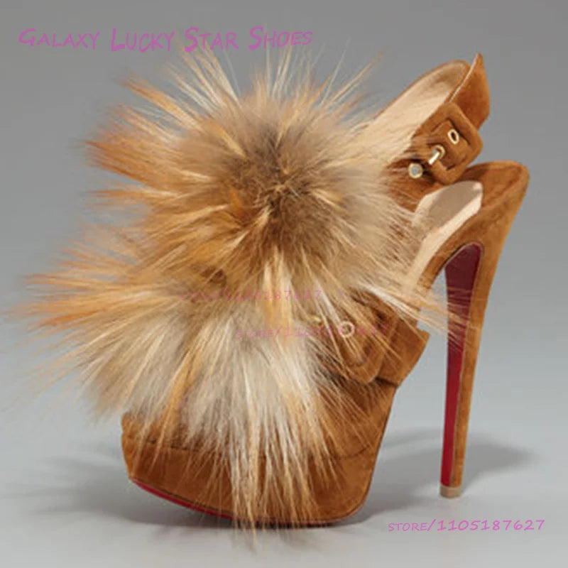 Brown Plush Long Pom Pom Open Platform Sandals Girls Red Rubber Sole Black Tassel Feather Buckle Stiletto Heel Fashion Shoes