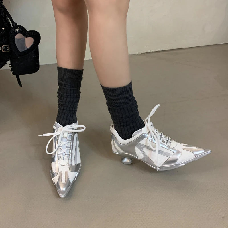 Low Heels Silver Shoes Women Pointed Toe Lace Up Sports Style High Heels Comfort Ladies Pumps Black Spring 2025 Shoes