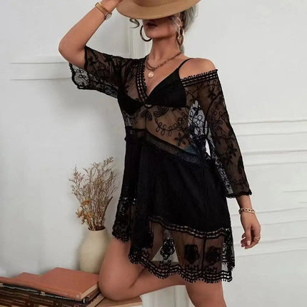 Abito Estivo da Spiaggia con Scollo a V, Protezione Solare, Casual, Copricostume in Pizzo per Donna platinumshop