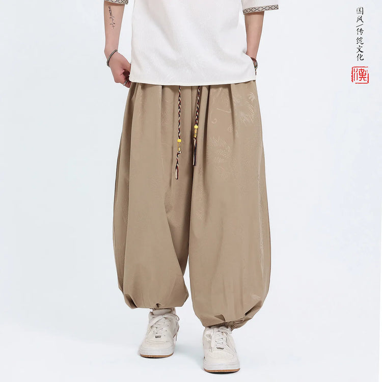 Pantaloni Estivi da Uomo Stile Cinese in Seta Ghiaccio con Motivo Drago Ukiyo-e, Comodi e Trendy, Pantaloni Casual Oversize da Uomo