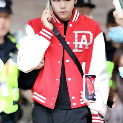 Broken Pearl Rhinestone Patchwork Leather Sleeve Baseball Jacket High Street Casual Loose Jacket Street Hip-hop Rock Fashion