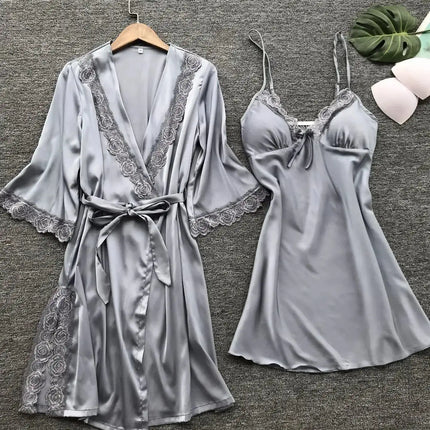 2PCS Women Lace Pajama Set Satin Home Pyjamas Lace Robe V-Neck Nightgown Bridal Silk Gown Women's Nightwear