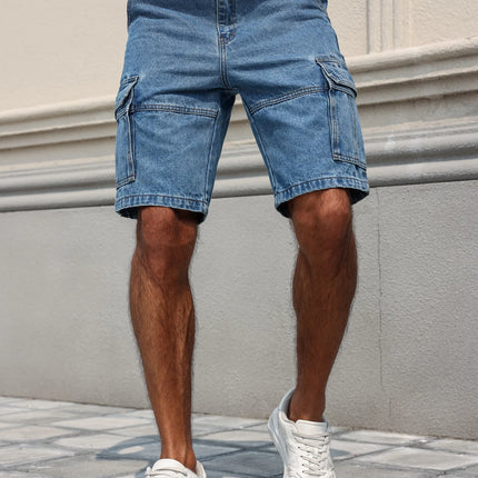 Pantaloncini in denim da lavoro estivi da uomo, stile multitasche blu. Elegante e casual, adatto per streetwear.