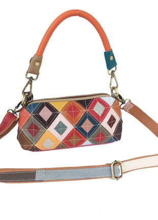 Borsa da Donna alla Moda, Borsa per Telefono in Vera Pelle Colorata con Motivo a Quadri, Borsa a Spalla e Tracolla