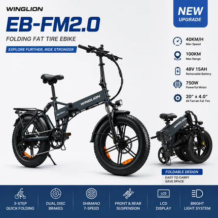 Nuova Bicicletta Elettrica Pieghevole WINGLION eb-fm2.0, Motore 720W, Batteria 48V 15AH, Pneumatici Larghi 20 "x4.0, Freno Idraulico, Ideale per Adulti, Città, Casa, Lavoro