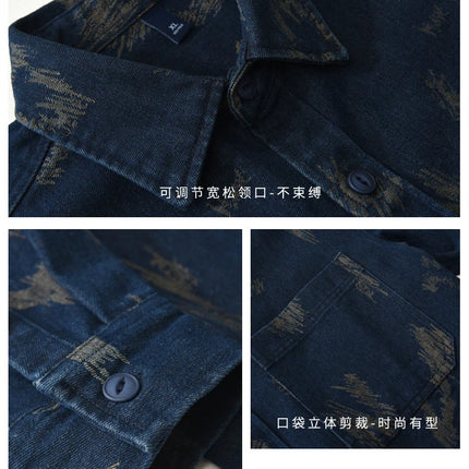 T795 Men's Long Sleeve Denim Casual Shirt for Autumn Winter Fashion Loose Relaxed Fit Vintage Flower Print Denim Jackets Male