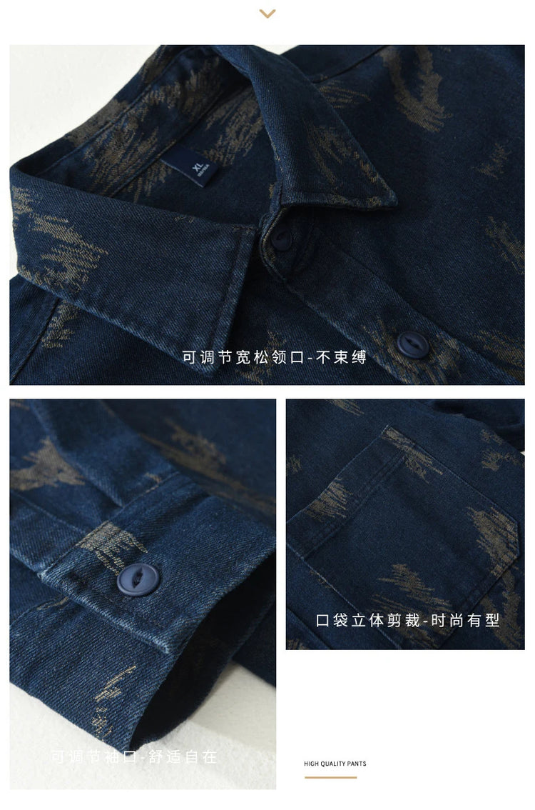 T795 Men's Long Sleeve Denim Casual Shirt for Autumn Winter Fashion Loose Relaxed Fit Vintage Flower Print Denim Jackets Male