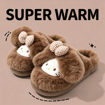 2026 Cute Bow Cat Cartoon Plush Slippers Women Men Winter Warm Thick Sole House Shoes Indoor Fuzzy Comfortable Soft Home Slides