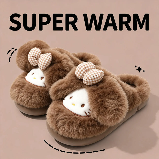2026 Cute Bow Cat Cartoon Plush Slippers Women Men Winter Warm Thick Sole House Shoes Indoor Fuzzy Comfortable Soft Home Slides