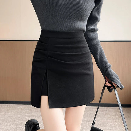 2025 Autumn Side Split Woolen Mini Skirts Women High Waist Slimming Short Skirt Korean Streetwear Sexy Spicy A-Line Skirts Mujer PlatiNum