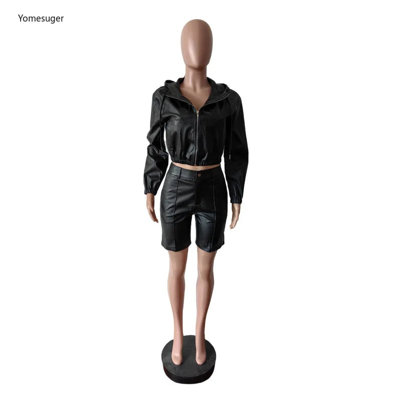 Yomesugar Autumn Sexy PU Leather 2 Piece Sets Women Hipster Zip Hooded Full Sleeve Crop Jacket and Shorts Matching Streetwear