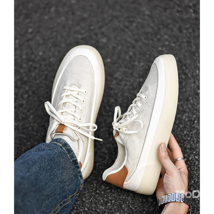 Men's Linen Canvas Platform Sneakers, Breathable Low‑Top Casual Skate Shoes, Retro Contrast Tan Trim Design, Soft Cushioned Thic
