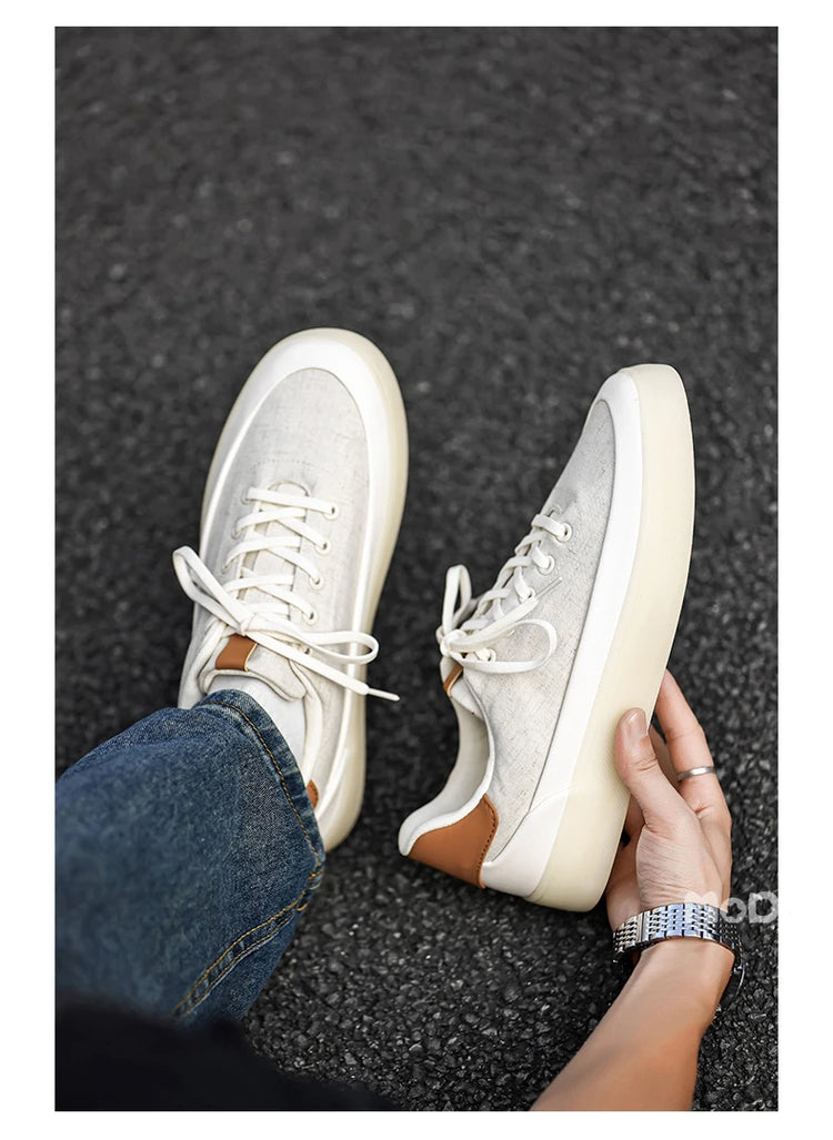 Men's Linen Canvas Platform Sneakers, Breathable Low‑Top Casual Skate Shoes, Retro Contrast Tan Trim Design, Soft Cushioned Thic