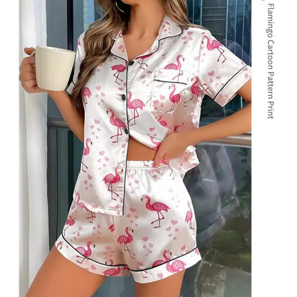 Pigiama da donna Pj Set Pigiama in raso con stampa a cuore Casual Manica corta Colletto con risvolto Top e pantaloni Indumenti da notte e pigiama per adulti platinumshop