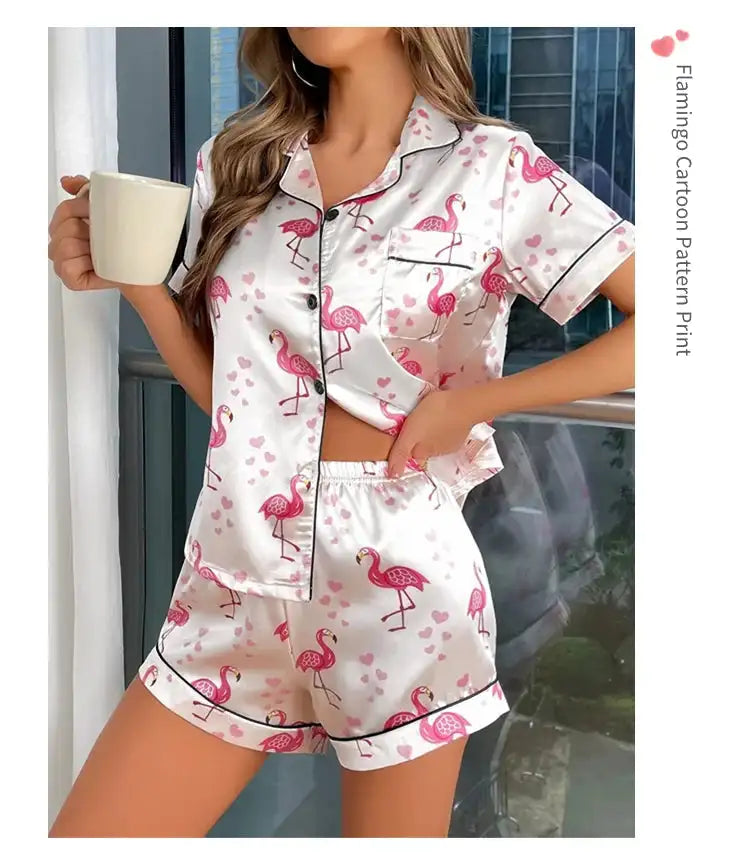 Pigiama da donna Pj Set Pigiama in raso con stampa a cuore Casual Manica corta Colletto con risvolto Top e pantaloni Indumenti da notte e pigiama per adulti platinumshop