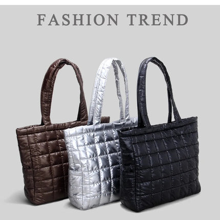 Large Capacity Women's Tote Bag Street Style Commuter Bag down Handbag Fashion Pure Color Handbag PU Material Daily Match PlatiNum