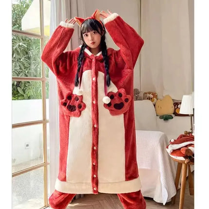 Women Cute Robe Plush Thick Sleepwear Thickened Warm Flannel Cartoon Sleeping Bag Animal One-Piece Pajamas Men Women Homewear
