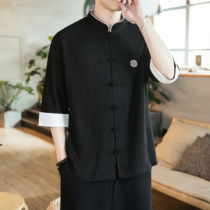Camicia stile cinese da uomo Tang Suit Lino Kung Fu Cardigan maschile allentato Top Ricamo retrò Camicie kimono samurai giapponesi Streetwear