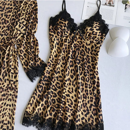 Set chemise di lusso in raso e pizzo con stampa leopardata - Indumenti da notte sexy in due pezzi con vestaglia abbinata