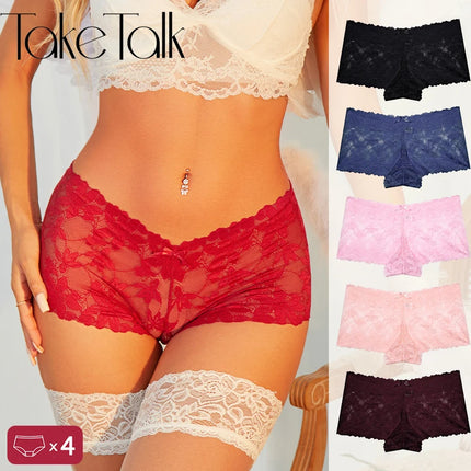 4Pcs/Set Women's Lace Panties Sexy Perspective Underwear Female Hollow Out Comfortable Underpants Low-Waist Breathable Lingerie