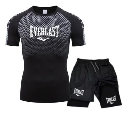 EVERLAST Men's Compress Shirt + 2-in-1 sports shorts 2pcs Set Leisure Breath Short Sleeve Sport Jogging Gym Brand Print Clothing platinumshop